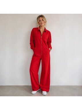 Red Sky Red Canvas Zip Closure Jumpsuit Boiler Suit S